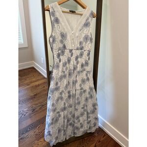 J Slee Womens XL Blue Floral Smocked Maxi Dress Crochet Lace V-Neck Sleeveless